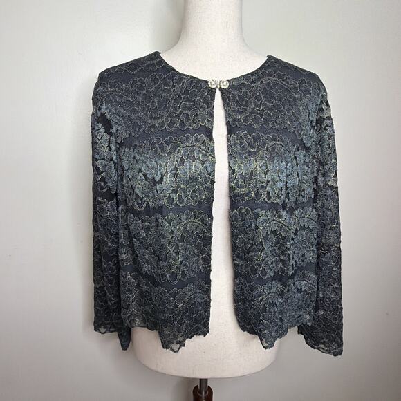 Jessica Howard Woman 14 14W Lacy Cocktail Sheath Dress & Jacket Set BLACK Gold - Picture 2 of 11